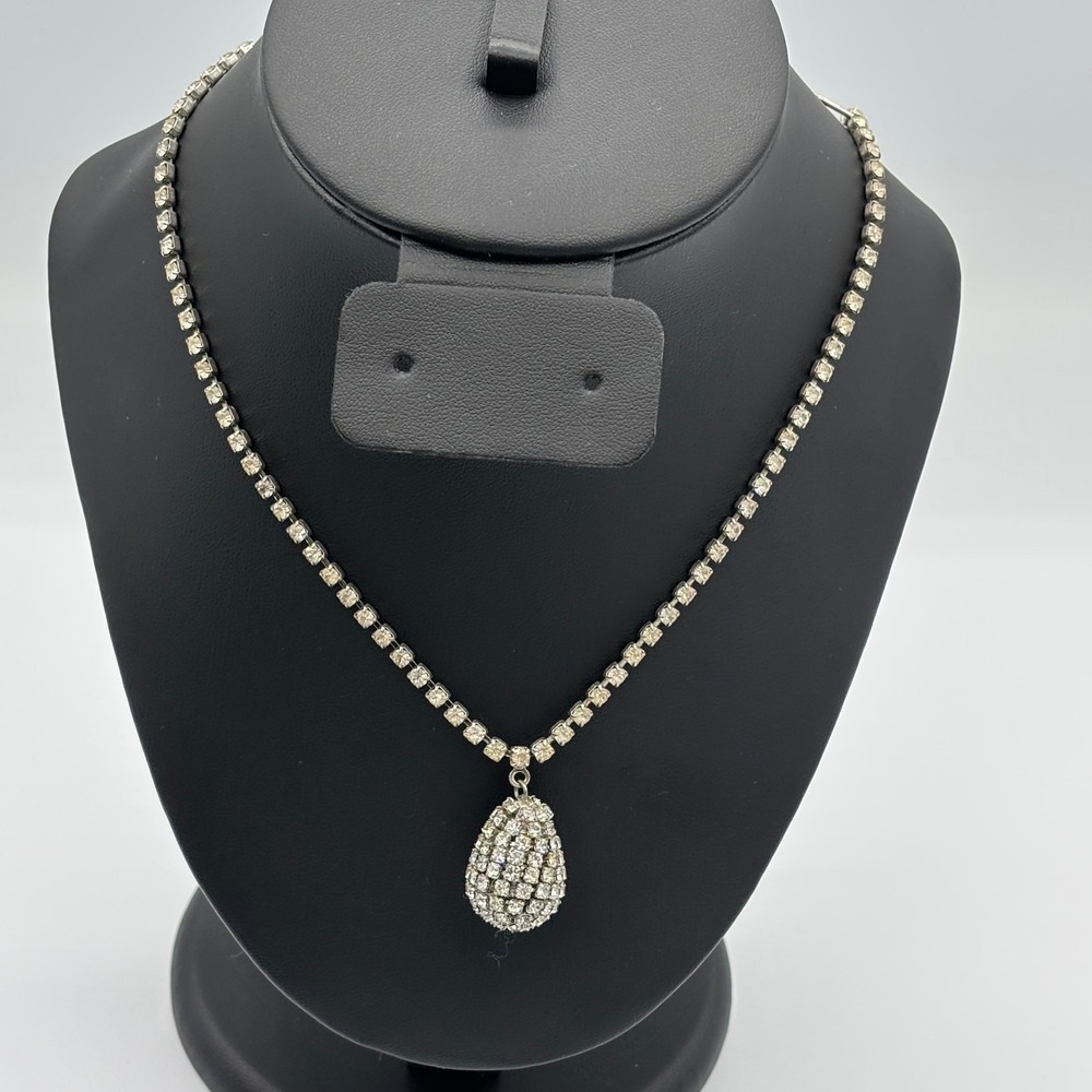 Rhinestone Pendant Necklace Women OS Silver Teardrop Vintage Glam